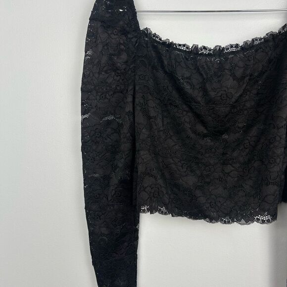GUESS Kristy Off-The-Shoulder Lace Top Black Sheer 3/4 Sleeves Sz L - Picture 9 of 12